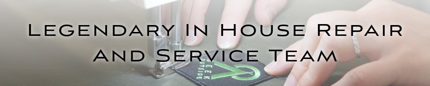 Legendary In House Repairs Woman Sewing Label On to Backpack
